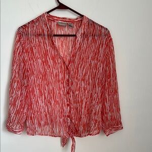 Chico's orange and White Tie Front Blouse with Mandarin Collar